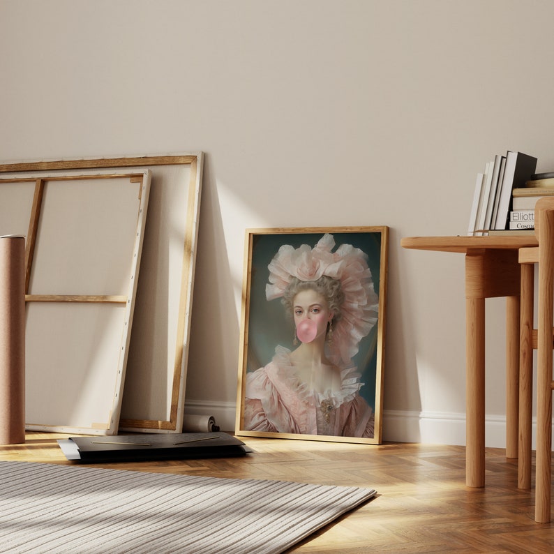 Lady with Pink Bubble Gum, Funny Vintage Altered Art Portrait, Pink Wall Art, Danish Pastel Home Decor, Maximalist Painting, Royal Lady Art