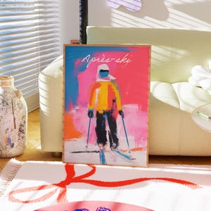 Sztuka ścienna Retro Après Ski, Kolorowy estetyczny wydruk retro, Modny plakat, Dekoracja pokoju dla dziewcząt Sztuka baru Vintage, Sztuka ścienna zimowej dziewczyny na nartach