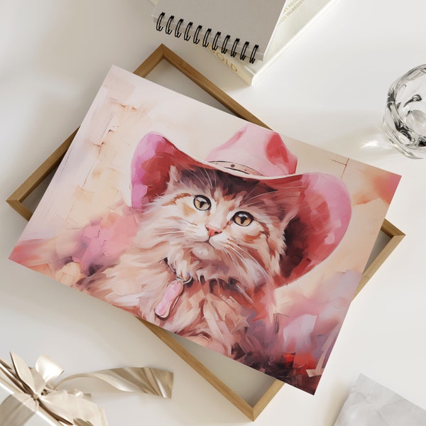 Maximalist Cowboy Hat Cat Print, Modern Electic Art Print, Y2K Wall Art, Modern Colorful Home Decor, Funky Wall Art, Western Pink Decor