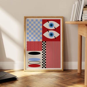 Bauhaus Exhibition Poster, Red Blue Squares, Shapes Print, Geometric Poster, Minimal Bauhaus Wall Art, Mid Century Modern, Pattern Wall Art