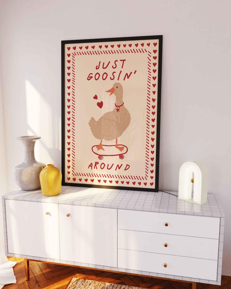 Silly Goose Print, Trendy Wall Art, Retro Apartment Decor, Quirky Wall Art, Nursery Room Decor, Cottagecore Aesthetic, Cute Animal Art, Funny Wall Poster, Playful Home Decor, Whimsical Goose Art, Vintage Inspired Wall Art, Eclectic Wall Art