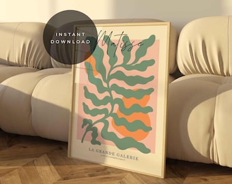 Op Matisse geïnspireerde kunstprint, saliegroen abstract, modern bohodecor (digitale download)