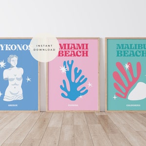 DO DRUKU Zestaw Pastelowych Wydruków Podróżniczych 3 szt., Zestaw Ścienny Galerii, Fizyczna Sztuka Ścienna, Duński Dekor Pastelowy, Plakat Podróżniczy Mykonos, Ibiza, Miami