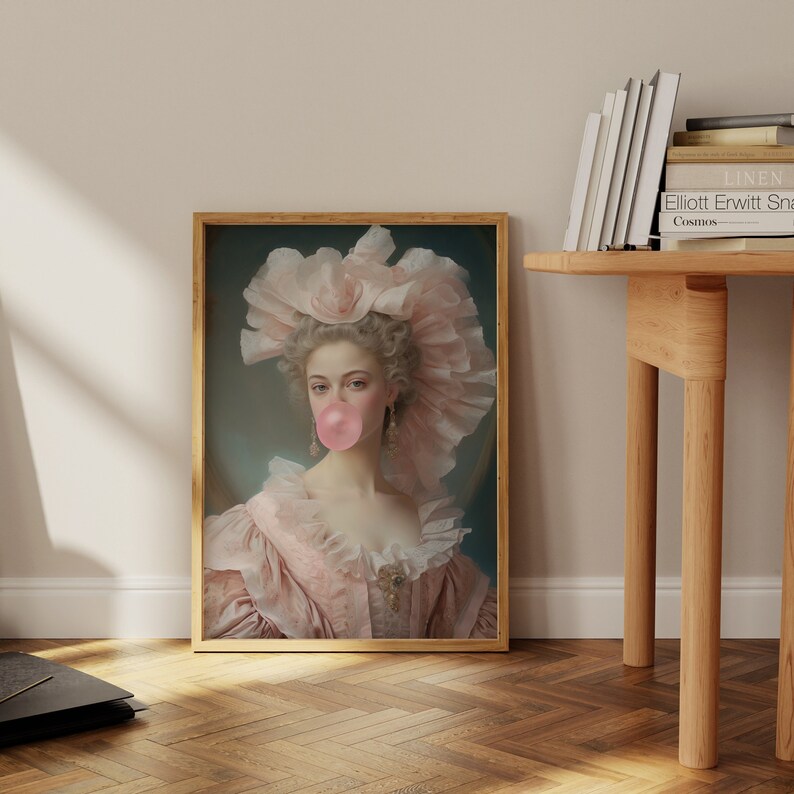Lady with Pink Bubble Gum, Funny Vintage Altered Art Portrait, Pink Wall Art, Danish Pastel Home Decor, Maximalist Painting, Coquette Decor