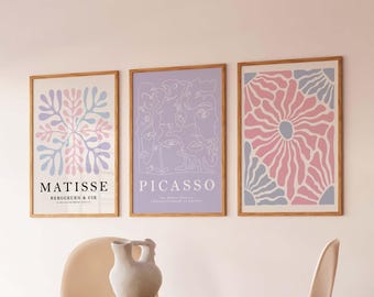 Matisse Picasso Poster Print Set, Pastel Lavender Pink Triptych Physical Wall Hanging