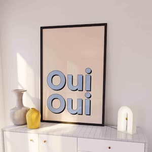 Oui Oui French Quote Bathroom Wall Art Print, French Sign, Bathroom Wall Print Decor, Gallery Wall, Blue Minimal Wall Art, Retro Typography