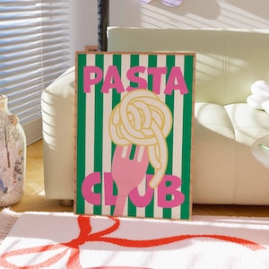 Lámina artística del Pasta Club, póster del Pasta Club, arte moderno para comedor, regalo para amantes de la pasta dibujado a mano, arte mural para cocina, lámina de comida retro colorida