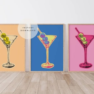 印刷可能なカラフルなアルコールプリント、マティーニドリンクプリント、レトロなウォールアート、印刷可能なバーアート、ホームバーの装飾、キッチンウォールアート、パステルポスター