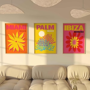 Travel Print Set of 3, Gallery Wall Set, Unframed Wall Art, Colorful Travel Poster, Maximalist Wall Art, Mykonos, Ibiza, Maimi, Bondi Print