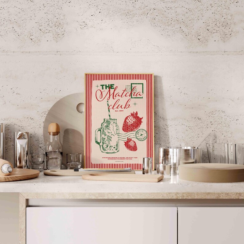 Matcha Club Poster, Retro Drink Art, Cafe Poster, Brunch Poster, Matcha Latte Print, Modern Home Art, Funky Kitchen Print, Hand Drawn Print
