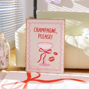 Champagne Please Poster, Vintage Zitat Print, Kokette Bögen Rosa, Retro Cocktail Poster, Groovy Drink Print, Cheers Print, Minimal Art