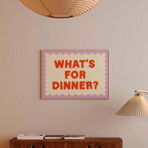 What&#39;s For Dinner Horizontal Print, Mid Century Print, Aesthetic art, Bauhaus Print, Typography Print, Pastel Kitchen wall art, Narrow Print