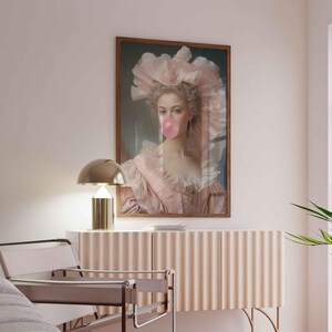 Lady with Pink Bubble Gum, Funny Vintage Altered Art Portrait, Pink Wall Art, Danish Pastel Home Decor, Maximalist Painting, Coquette Decor