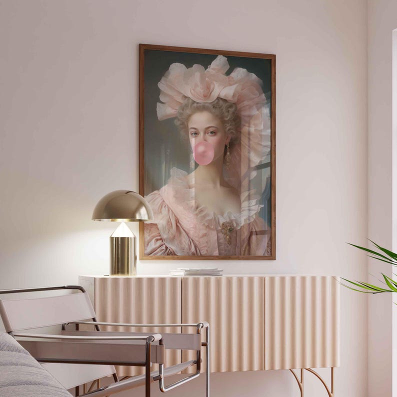 Lady with Pink Bubble Gum, Funny Vintage Altered Art Portrait, Pink Wall Art, Danish Pastel Home Decor, Maximalist Painting, Coquette Decor