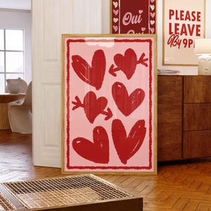 Red Hearts Preppy Poster, Abstract Hand Drawn Hearts Prints, Funky Room Decor, Girly College Dorm Posters, Cute Wall Art, Apartment Decor
