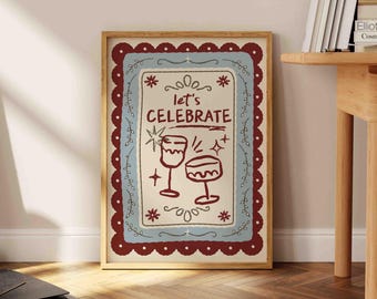 Retro "Let's Celebrate" Christmas Print, Whimsical Holiday Wall Art