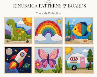 Lustige Stoffmosaikmuster für Kinder | Kinusaiga-Bastelplatte | Wanddeko fürs Kinderzimmer | 20 cm x 20 cm | Stoffbasteln für Anfänger