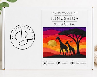 Sunset Giraffes Kinusaiga Kit | Fabric Mosaic Craft Kit | A4 or A3 | Elephant Silhouette Wall Art | DIY No-Sew Craft Kit