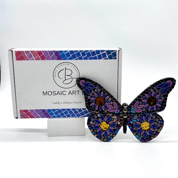 Superbe papillon violet et bleu - Kit mosaïque - Cadeau parfait pour les débutants - Ne nécessite aucune découpe