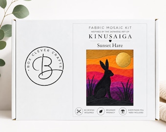 Sunset Hare Kinusaiga Kit | Fabric Mosaic Craft Kit | A4 or A3 | Elephant Silhouette Wall Art | DIY No-Sew Craft Kit