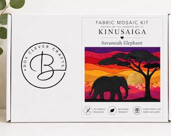 Golden Sunset Elephant Kinusaiga Kit | Fabric Mosaic Craft Kit | A4 or A3 | Elephant Silhouette Wall Art | DIY No-Sew Craft Kit