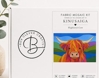Fabric Mosaic Kit Highland Cow | Beginner Kinusaiga Craft | No Sew Textile Art