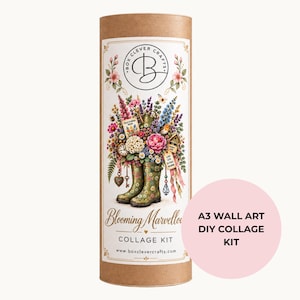 May include: A cylindrical brown cardboard tube containing an A3 wall art DIY collage kit. The label features a floral illustration with green boots, a clock, and a bird, with the text Box Clever Crafts, Blooming Marvellous, and the website URL.