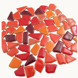 May include: A selection of mosaic tiles in various shades of red, orange, and burgundy. The tiles are of different shapes and sizes, with a glossy surface. The arrangement is scattered, creating a visually appealing pattern. Suitable for craft projects or home decoration.