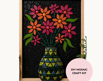 3D Midnight Blooms Flower Vase Mosaic Kit | Framed Mosaic Craft Kit | DIY Mosaic Wall Art Craft Kit | Beginner to Intermediate Mosaic Kit