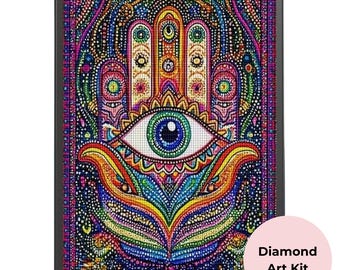 Hamsa Hand Diamond Art Kit 20cm x 30cm | Evil Eye Diamond Painting | Colourful Spiritual Craft Kit | Mindful Craft Gift