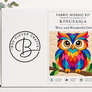 Op de afbeelding: Een witte rechthoekige doos voor een stoffen mozaïekset met de tekst Box Clever Crafts en Kinusaiga Wise and Wonderful Owl. De doos toont een kleurrijke uilenillustratie met blauwe, rode, oranje en paarse veren zittend op een tak.