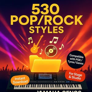 Op de afbeelding: Afbeelding ter promotie van 530 Pop/Rock Styles voor Yamaha Genos keyboards. Toont een keyboard, muzieknoten, een gitaar en een cd-icoon. Tekst: "Direct downloaden" en "Voor podium & studio".