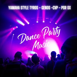 May include: A crowd of people dancing at a concert with purple and pink stage lights. The text "Dance Party Music" is written in white cursive letters on a purple background.