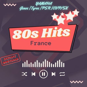 Peut inclure: Une conception de cassette rouge et blanche avec le texte "80s Hits France" et un bouton de lecture, un bouton de rembobinage, un bouton d'avance rapide et un bouton de répétition. Le texte "YAMAHA Genos/Tyros/PSR/CUP/SX" est en haut de l'image.