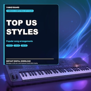 Op de afbeelding: Een digitaal productoverzicht voor YAMKEYBOARD Yamaha-compatibele STY-bestanden met de tekst TOP US STYLES en Popular song arrangements. De afbeelding bevat labels voor GENOS, TYROS en PSR-SX modellen boven een zwart elektronisch keyboard.