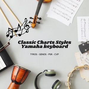 Op de afbeelding: Een platte afbeelding van muziekinstrumenten en bladmuziek. De instrumenten omvatten een Yamaha keyboard, een viool, een tamboerijn, een bongo-drum en een koptelefoon. De tekst "Classic Charts Styles Yamaha keyboard" en "TYROS - GENOS - PSR - CVP" wordt weergegeven op een grijze achtergrond.