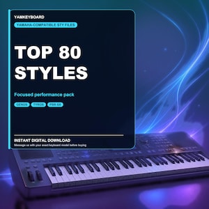 以下が含まれることがあります： YAMKEYBOARDのデジタル製品リスト。Yamaha互換のSTYファイルが含まれています。テキストには「TOP 80 STYLES」、「Focused performance pack」、「GENOS」、「TYROS」、「PSR-SX」、「INSTANT DIGITAL DOWNLOAD」と記載されています。黒い電子キーボードが表示されています。