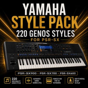 Peut inclure: Un clavier Yamaha PSR-SX noir avec des touches blanches, doté d'un écran numérique et de nombreux boutons. L'image comprend le texte "YAMAHA STYLE PACK 220 GENOS STYLES FOR PSR-SX". Du texte supplémentaire met en évidence les caractéristiques.