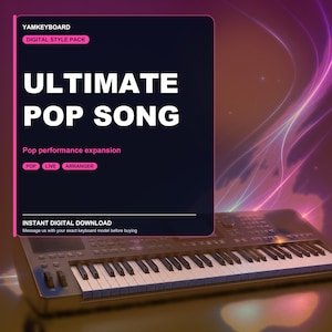 Może przedstawiać: Czarna klawiatura cyfrowa znajduje się pod ciemną prostokątną grafiką zawierającą biały tekst YAMKEYBOARD, DIGITAL STYLE PACK, ULTIMATE POP SONG, Pop performance expansion, POP, LIVE, ARRANGER oraz INSTANT DIGITAL DOWNLOAD.