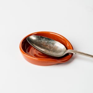 Handmade Ceramic Spoon Rest: Burnt Orange Glazed Pottery Utensil Holder