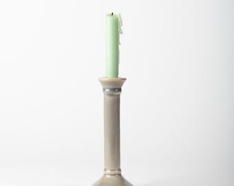 Handmade Pale Grey Ceramic Candlestick Holder – Stoneware Taper Candle Holder, Minimalist Pottery Candle Stick, Rustic Farmhouse Home Décor