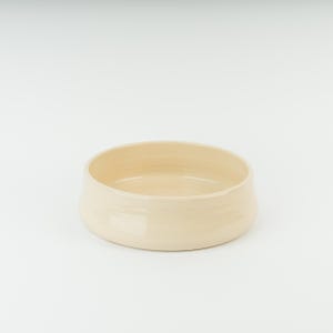 May include: A cream-coloured ceramic bowl with a wide, shallow design. The bowl has a rounded shape with a slightly flared base and a smooth, glossy finish. The interior is a lighter shade of cream.