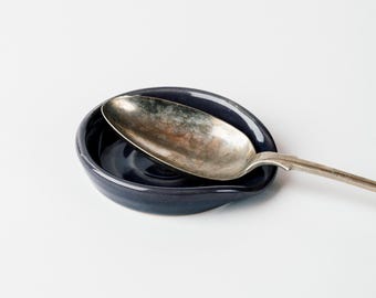 Handmade Ceramic Spoon Rest: Navy Gloss Glazed Stoneware Pottery