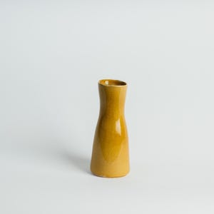 Peut inclure: Un petit vase en céramique jaune moutarde avec une base évasée et un col étroit et incurvé. Le vase a une finition brillante et un design simple et élégant, adapté pour afficher des fleurs ou comme élément décoratif.