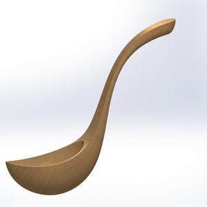 May include: A wooden ladle with a curved handle and a deep, rounded bowl. The ladle is made of light-colored wood and has a smooth, polished finish. The handle curves gracefully upward, ending in a slightly flattened tip. This kitchen utensil is designed for serving soups and stews.