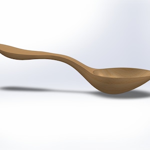 Könnte beinhalten: Ein Holzlöffel mit gebogenem Griff und abgerundeter Schüssel. Der Löffel ist aus hellbraunem Holz gefertigt und hat eine glatte Oberfläche. Das Design ist schlicht und elegant, geeignet für die Küche.