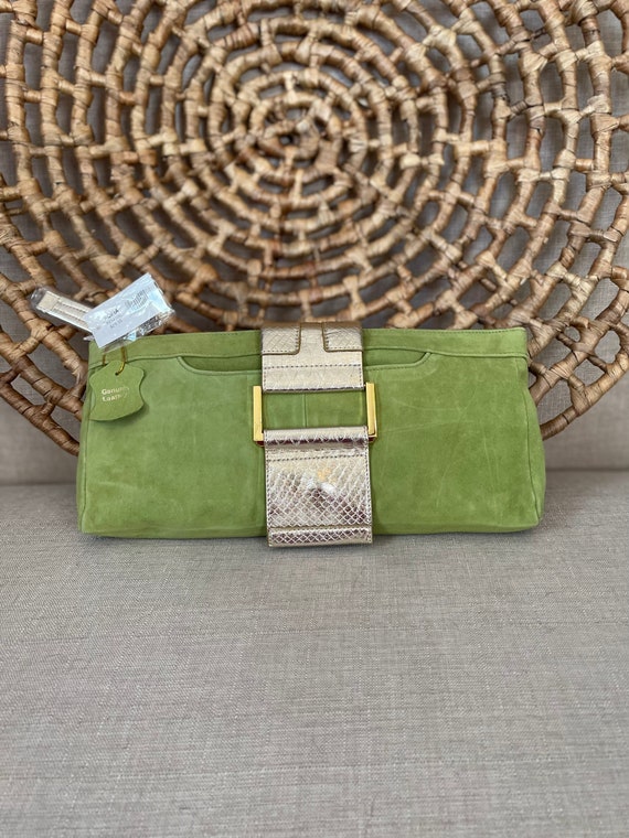 Green Suede Y2K Clutch with Gold Crossbody Chain … - image 1