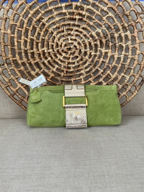 Green Suede Y2K Clutch with Gold Crossbody Chain … - image 2