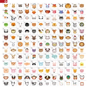 May include: A grid of 156 colorful animal head illustrations. Each animal head is in a circle with a white background. The animals include a fox, deer, raccoon, bear, cat, panda, frog, tiger, rabbit, penguin, dog, zebra, giraffe, monkey, elephant, lion, and more.