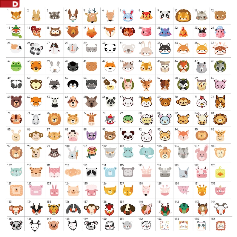 May include: A grid of 156 colorful animal head illustrations. Each animal head is in a circle with a white background. The animals include a fox, deer, raccoon, bear, cat, panda, frog, tiger, rabbit, penguin, dog, zebra, giraffe, monkey, elephant, lion, and more.